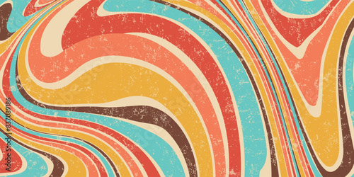 Abstract Retro 70s colorful sun with rays on vintage background. Groovy banner  poster or postcard. Vector illustration.