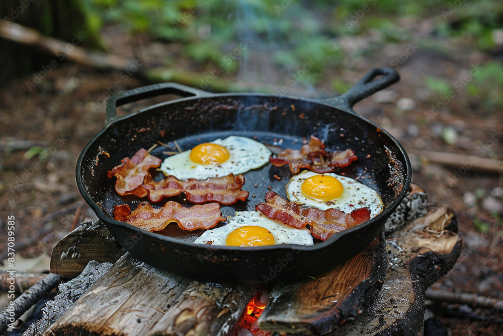 Camping breakfast with bacon and eggs in a cast iron skillet Fried eggs in the forest Food at the camp Picnic Camping breakfast with bacon and eggs in a cast iron skillet Fried eggs in the forest Food at the camp Picnic