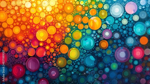 Create an abstract composition using dots of varying sizes and colors.