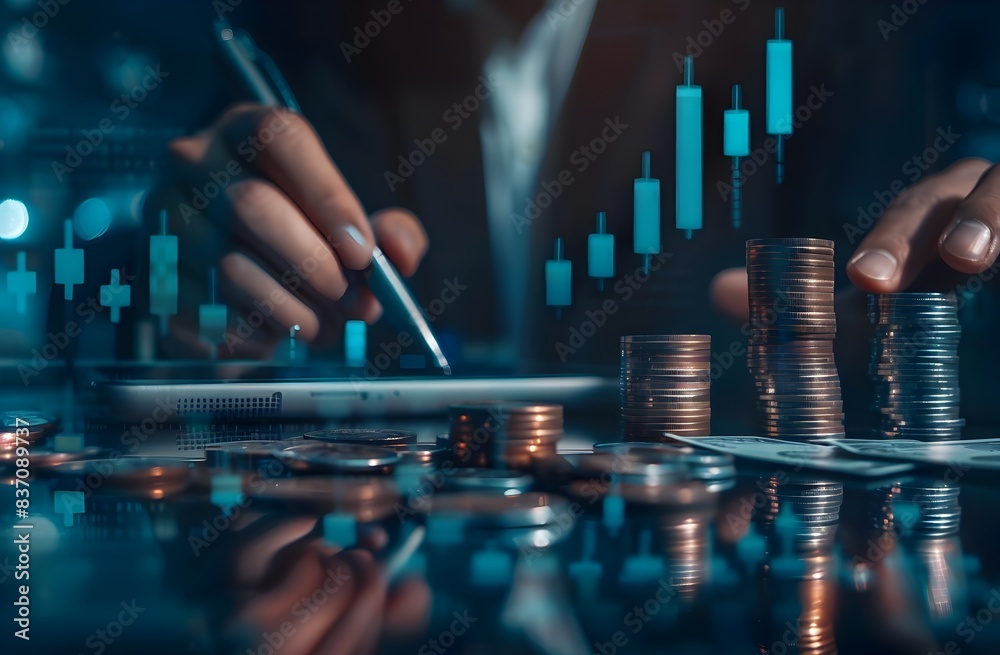 Financial Analytics and Market Investment Concepts with Coin Stacks and Data Graphs Financial Analytics and Market Investment Concepts with Coin Stacks and Data Graphs