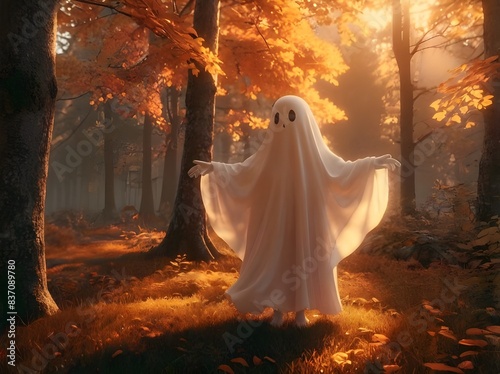 Friendly and whimsical ghost, enveloped in an autumnal setting, nestled among trees with a palette of rich orange,