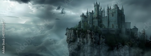 Towering castle perched on a cliff, with turrets and battlements silhouetted against a stormy sky generated by AI photo