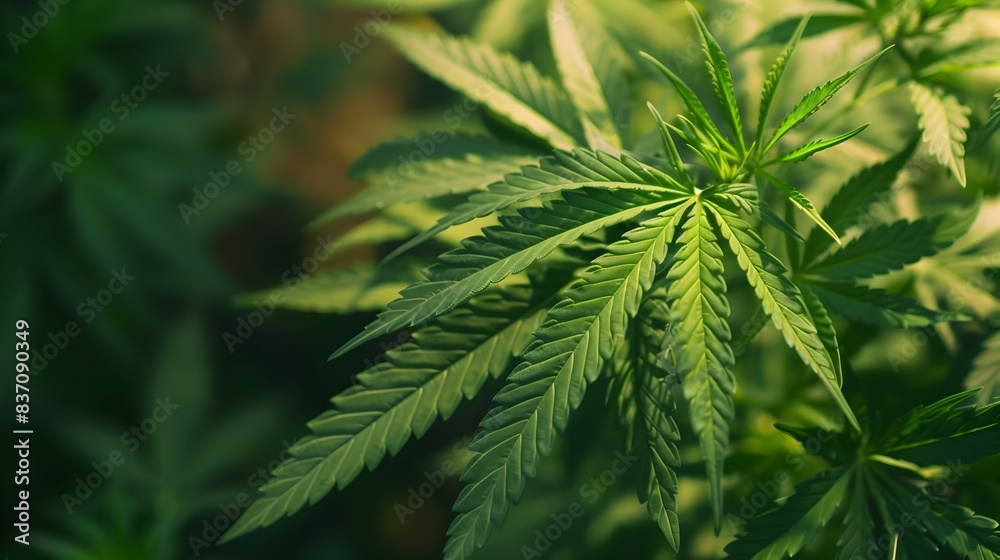 Fototapeta premium Closeup of Healthy Green Cannabis Leaves on Blurred Natural Background