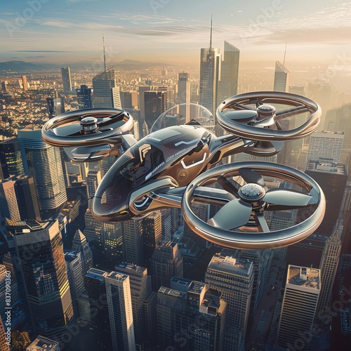 Showcasing a futuristic flying car over a modern cityscape, this image serves as an abstract, dynamic wallpaper and background for future best-sellers