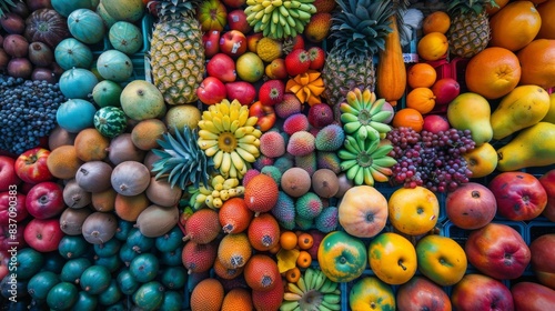 A vibrant fruit market stall overflowing with fresh fruits  tropical theme  top view  colorful and abundant  advanced tone  vivid colors