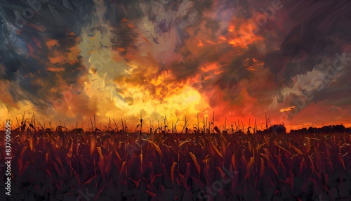 Panorama of dramatical cornfield sunset photo