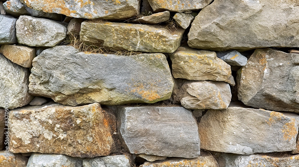 A close-up view of a rustic stone wall made of irregularly shaped stones A close-up view of a rustic stone wall made of irregularly shaped stones