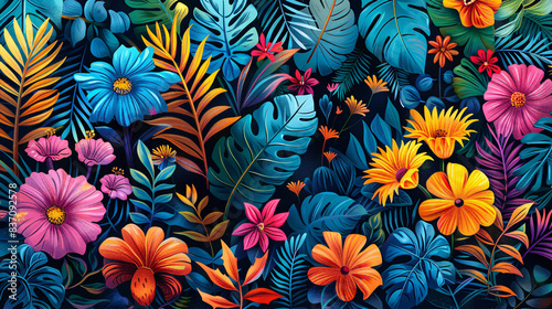 Colorful textile design with tropical plants and ornate motifs