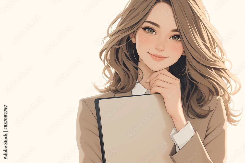 Smiling happy professional lady, business woman bank office manager female executive. Cartoon lady entrepreneur holding tablet pad or folder. Horizontal template. Place for text. Generative Ai content Smiling happy professional lady, business woman bank office manager female executive. Cartoon lady entrepreneur holding tablet pad or folder. Horizontal template. Place for text. Generative Ai content