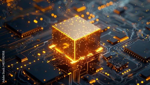 A glowing abstract cube sits atop an intricate wallpaper of a circuit board, poised to be a background best-seller