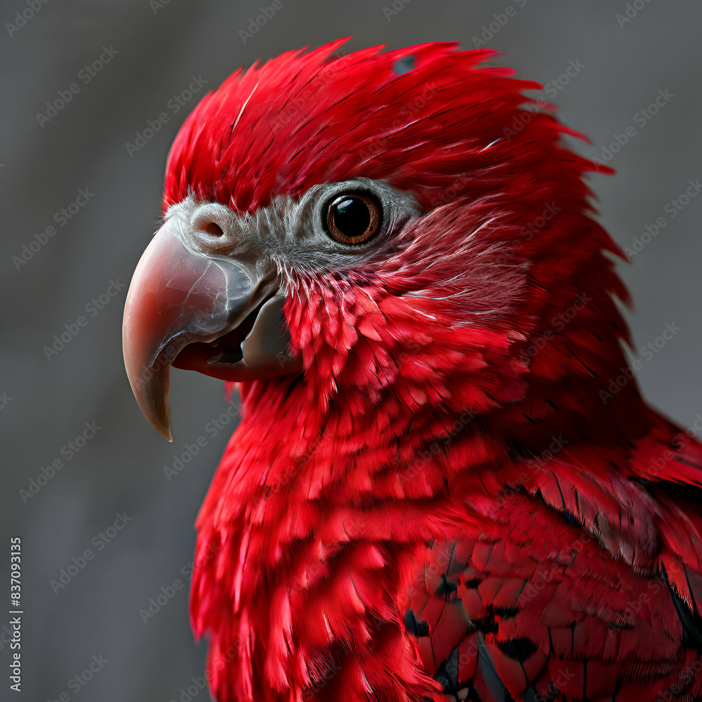 Fototapeta premium red adavat Beautiful macaw parrot bird on black and gray background, wide horizontal panoramic banner green plants generate ai