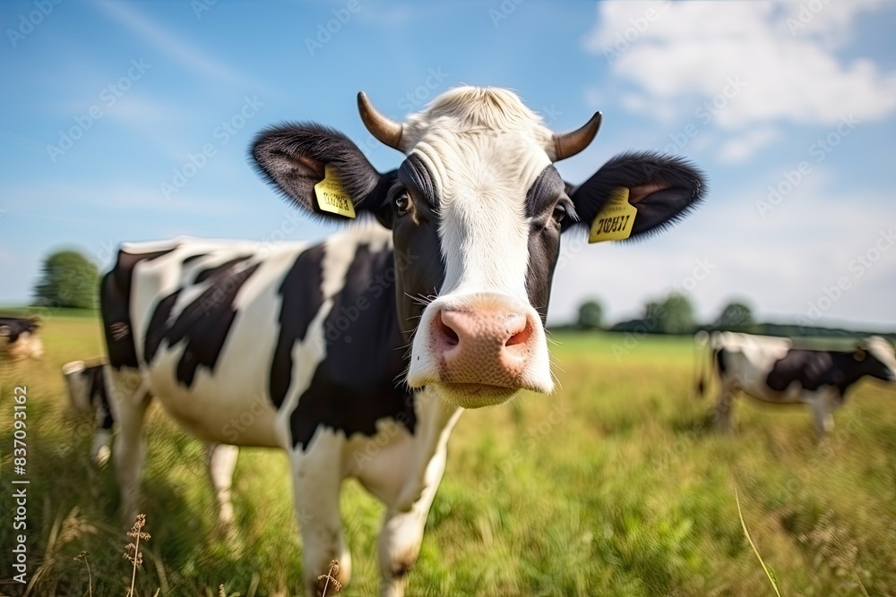 Curious cow grazes in natural summer green field, Curious cow grazes in natural summer green field,