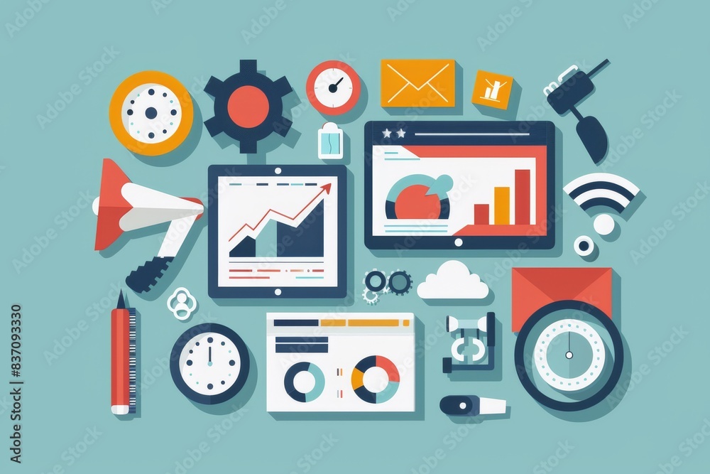 Flat design business and marketing elements, including charts, graphs, gear, envelope, and tablet on a light blue background. Flat design business and marketing elements, including charts, graphs, gear, envelope, and tablet on a light blue background.