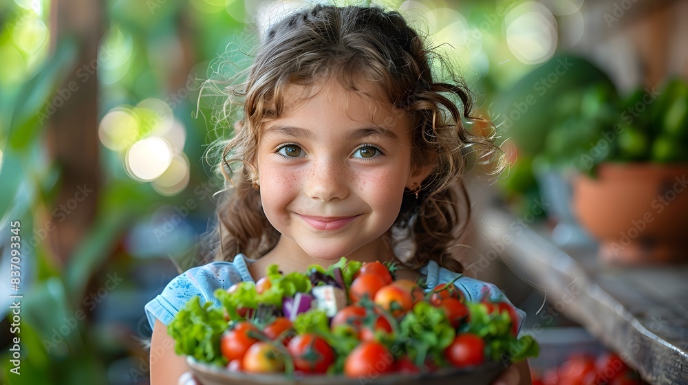 A child happily eating a healthy lunch with a variety of fresh vegetables and fruits A child happily eating a healthy lunch with a variety of fresh vegetables and fruits