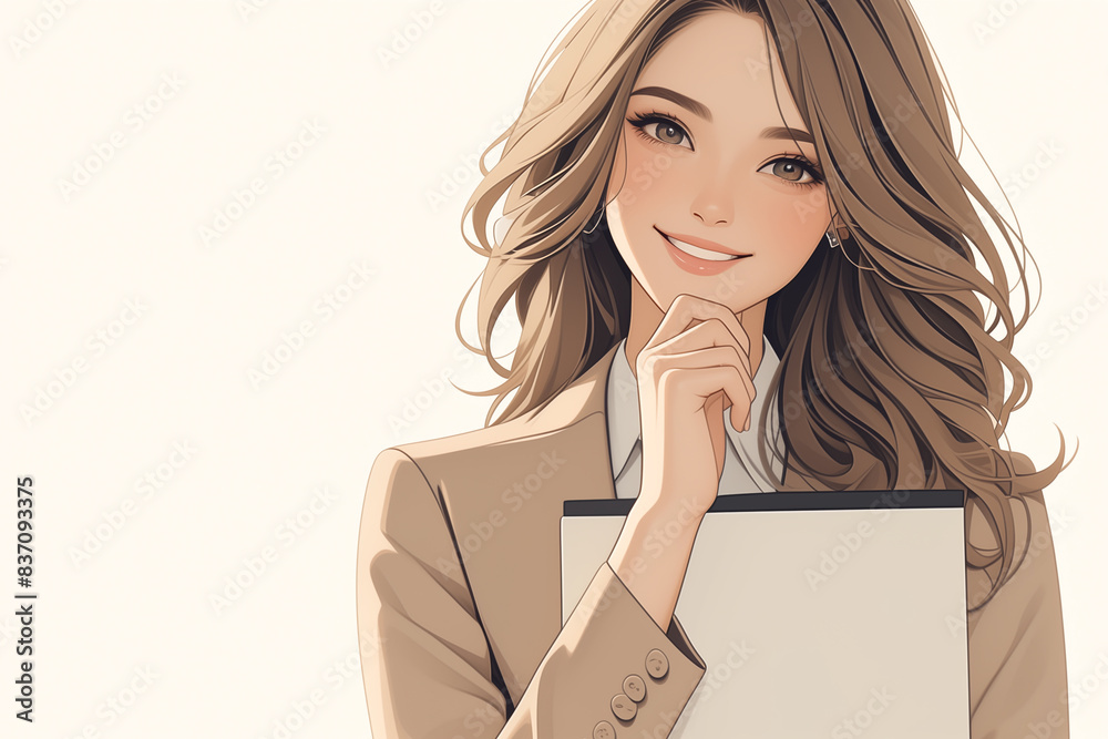 Smiling happy professional lady, business woman bank office manager female executive. Cartoon lady entrepreneur holding tablet pad or folder. Horizontal template. Place for text. Generative Ai content Smiling happy professional lady, business woman bank office manager female executive. Cartoon lady entrepreneur holding tablet pad or folder. Horizontal template. Place for text. Generative Ai content