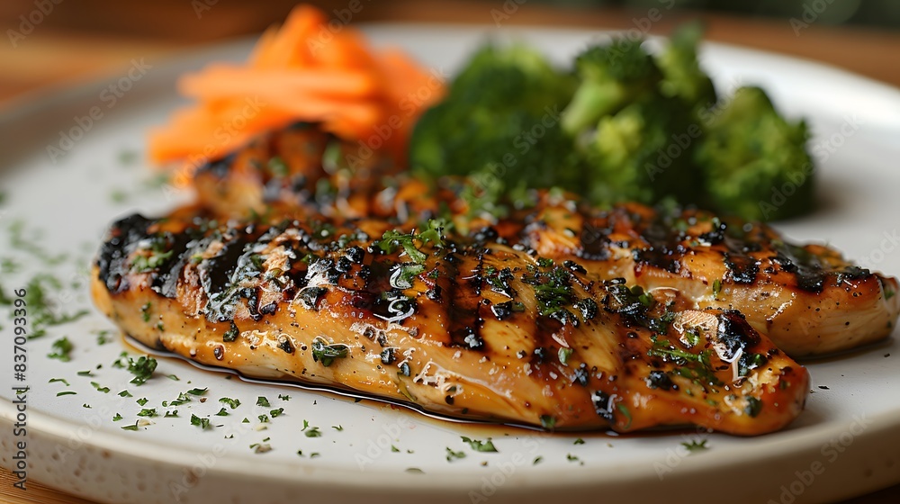 A nutritious kids meal with a small portion of grilled chicken, steamed broccoli, and carrot sticks A nutritious kids meal with a small portion of grilled chicken, steamed broccoli, and carrot sticks