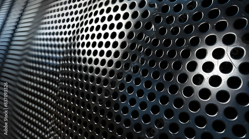 Loudsound Audio speaker grill, black metal texture, loudspeaker grid with round openings for background

 photo