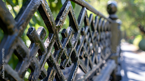 Forged metal patterned gates with prongs on top, Close-up, Metal fence. Metal curly fence in the park

 photo