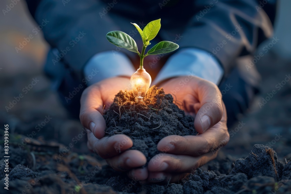 Fototapeta premium Hands carefully holding a small plant sprout growing from the soil, symbolizing growth, sustainability, and environmental care.