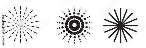 Radial circle lines. Circular lines elements. Symbol of Sun star rays. Flat design elements.