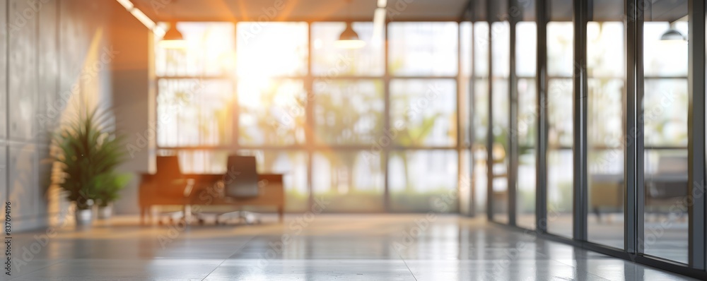 Naklejka premium Modern office space with large windows, sunlight streaming in, contemporary furniture, and clean design. Ideal for corporate and business concepts.