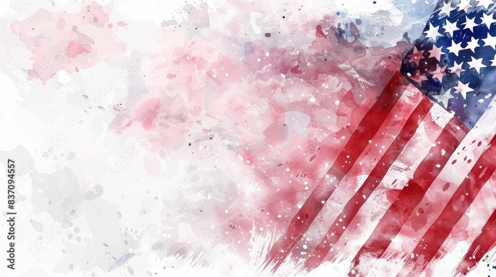 Naklejka premium Watercolor USA flag on a textured background with red, white, and blue colors, symbolizing American patriotism and independence.