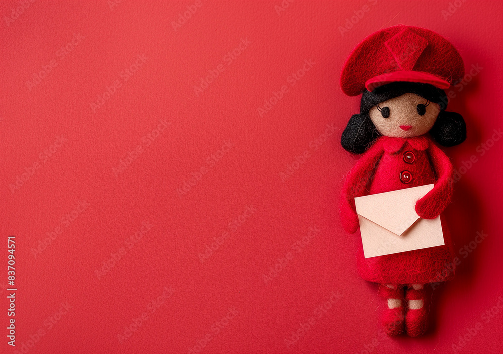 Felt postal mail carrier doll in a red uniform holding a letter. Red background with copy space. Felt postal mail carrier doll in a red uniform holding a letter. Red background with copy space.