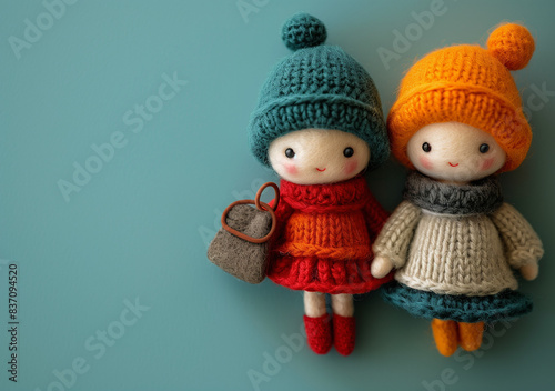 Two cute crochet dolls in wolly bobble hats. Kawaii yarn soft toy friends holding a bag on a blue background with copy space. photo