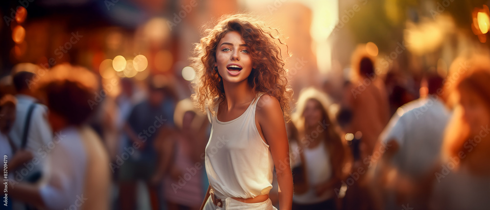 In a bustling city at sunset, a cheerful woman in a white summer dress with curly hair enjoys the vibrant urban scene and lively atmosphere among a crowd of people In a bustling city at sunset, a cheerful woman in a white summer dress with curly hair enjoys the vibrant urban scene and lively atmosphere among a crowd of people
