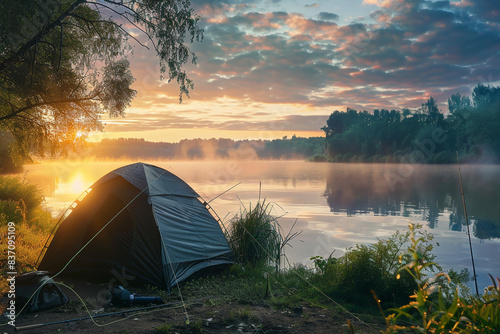 Carp fishing tent and rods on background of lake or river and nature in the morning Fishing with carpfishing technique Camping tent on the shore of river at sunrise