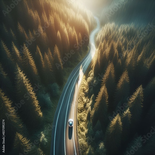 a car driving along the road in the forest, bird's eye view photo
