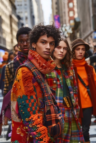 Group of diverse models showcasing a new fall collection on a bustling city street, dynamic and energetic © Rainister