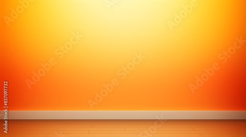 Abstract orange gradient background with a white baseboard and wood floor. photo