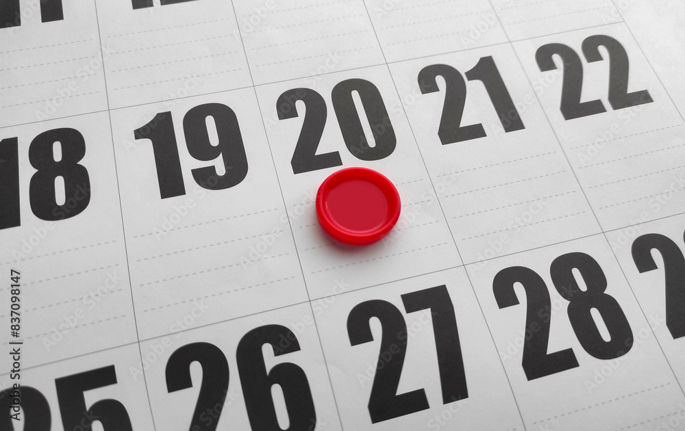 twentieth day on the calendar marked with a red button. day 20 , 20th. twentieth day on the calendar marked with a red button. day 20 , 20th.