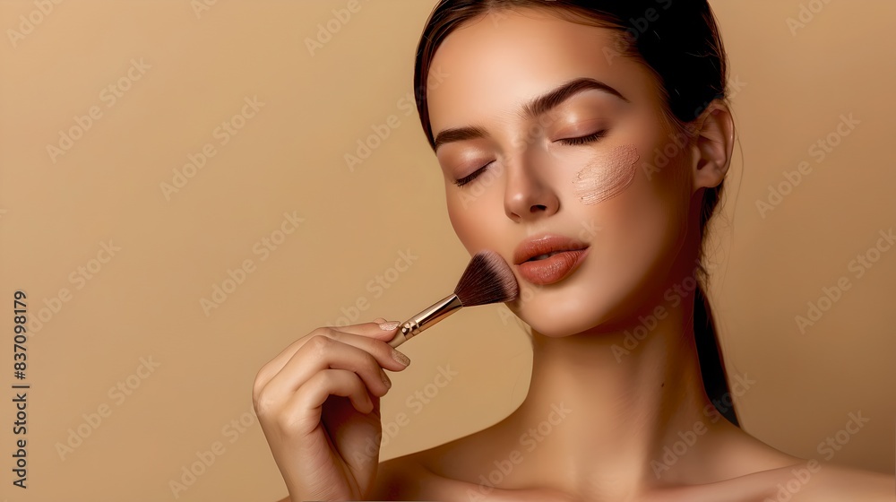 Model applying makeup with a brush in a studio. Minimalist beauty portrait on beige background. Showcasing skincare routine and makeup techniques. AI Model applying makeup with a brush in a studio. Minimalist beauty portrait on beige background. Showcasing skincare routine and makeup techniques. AI