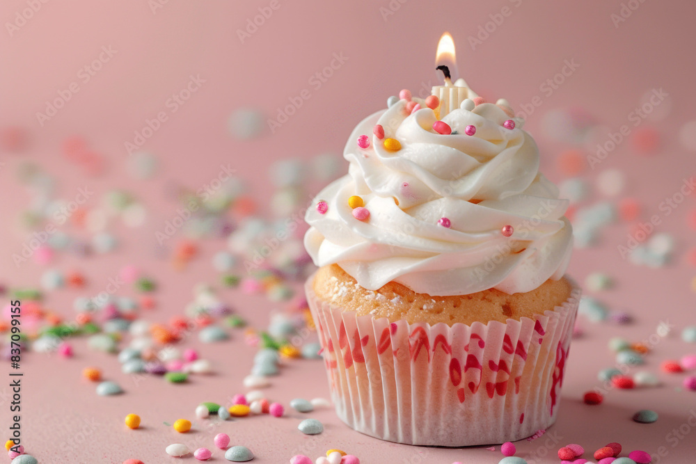 Celebratory Cupcake with Candle and Sprinkles on Pink Celebratory Cupcake with Candle and Sprinkles on Pink