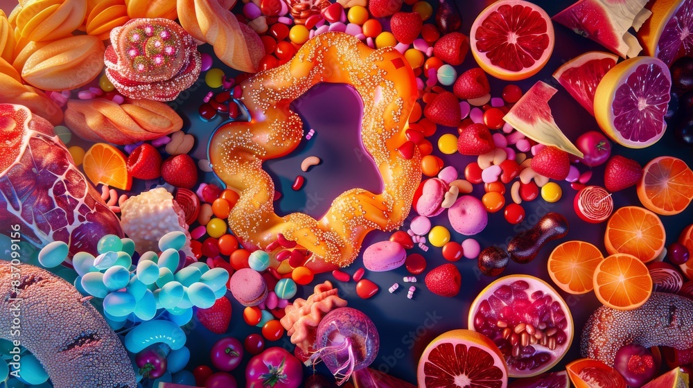 A graphic of clogged arteries surrounded by unhealthy foods, health risk theme, top view, visual impact, cybernetic tone, triadic color scheme A graphic of clogged arteries surrounded by unhealthy foods, health risk theme, top view, visual impact, cybernetic tone, triadic color scheme