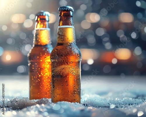 Beer bottles cold and frosty, bright night stadium behind Sport, game, fresh drink Championship football cup Copy space banner photo