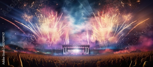 Event, live concert, halftime show, at sports stadium. Crowd of people at a live event, or concert, and cheering. Fireworks or pyrotechnics