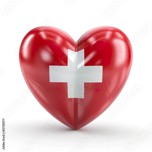 3d heart with the Switzerland flag on it, white background