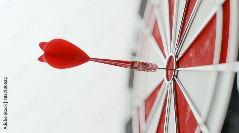 Close-up of a single red dart perfectly hitting the bullseye on a dartboard, symbolizing precision, accuracy, and success in achieving goals. Close-up of a single red dart perfectly hitting the bullseye on a dartboard, symbolizing precision, accuracy, and success in achieving goals.