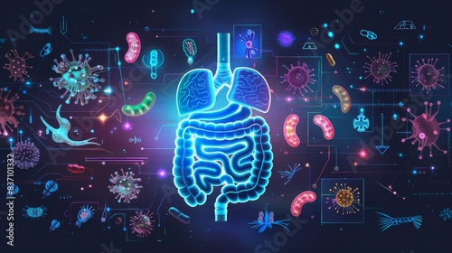 A diagram showing the benefits of probiotics on gut health, educational theme, top view, clear and informative, cybernetic tone, triadic color scheme
