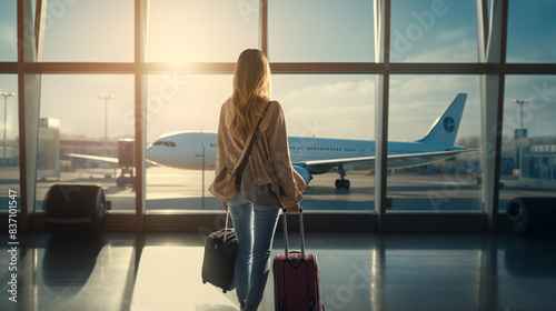 Un femme marchant dans un aéroport avec ses valises à la main pour aller prendre l'avion. Voyageur, passager, vol. Vacances, voyage, été, plaisir, séjour. Pour conception et création graphique.