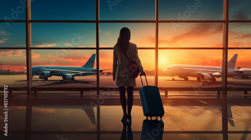 Un femme marchant dans un aéroport avec ses valises à la main pour aller prendre l'avion. Voyageur, passager, vol. Vacances, voyage, été, plaisir, séjour. Pour conception et création graphique. photo