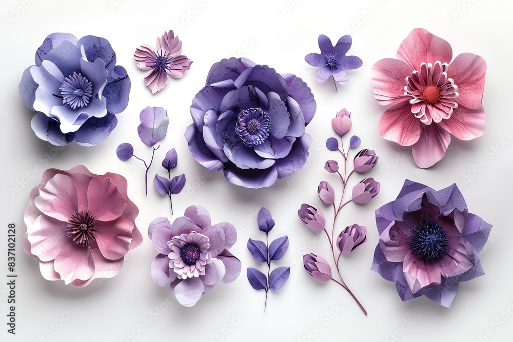 A collection of beautiful purple and pink paper flowers in various shapes and sizes, intricately crafted and displayed on a white background. A collection of beautiful purple and pink paper flowers in various shapes and sizes, intricately crafted and displayed on a white background.