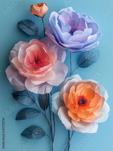 Beautiful paper flowers in pink, orange, and blue on a teal background. Perfect for spring and summer decoration.