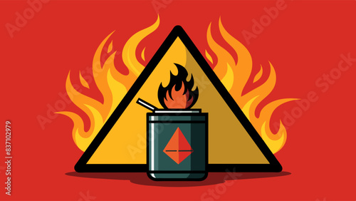 A cylindrical container with a flammable symbol on the front is shown with flames within a triangular warning sign. The background is striking red, thus emphasizing the flammable danger.AI generated.