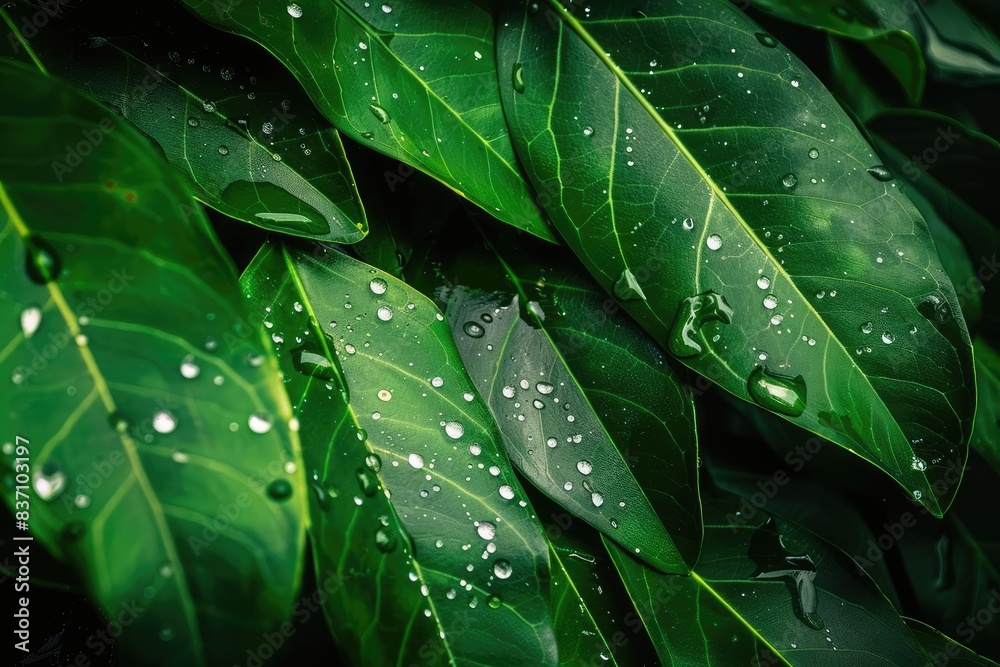 Close-up of lush green leaves with water droplets, capturing the beauty and freshness of nature in a detailed and vibrant way. Close-up of lush green leaves with water droplets, capturing the beauty and freshness of nature in a detailed and vibrant way.