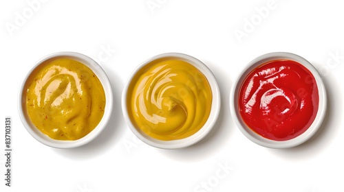 Assorted Condiments in Small Bowls. Three different sauces perfect for any meal. High-quality image for culinary purposes. Stock photo for recipe blogs and food articles. AI photo