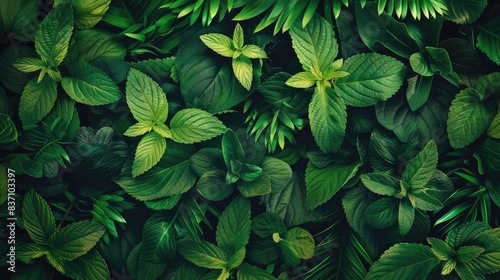 Lush green foliage texture background featuring various vibrant leaves and plants for nature-themed designs.